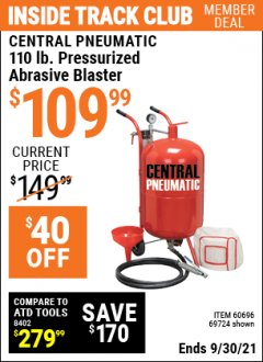 Harbor Freight ITC Coupon 110 LB. PRESSURIZED ABRASIVE BLASTER Lot No. 69724/60696/95014 Expired: 9/30/21 - $109.99