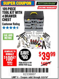 Harbor Freight Coupon 105 PIECE TOOL KIT WITH 4-DRAWER CHEST Lot No. 69323/69380/61591 Expired: 5/21/18 - $39.99