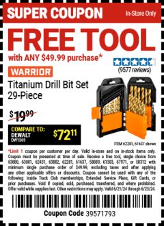 Harbor Freight FREE Coupon 29 PIECE TITANIUM DRILL BIT SET Lot No. 5889/62281/61637 Expired: 6/23/24 - FWP