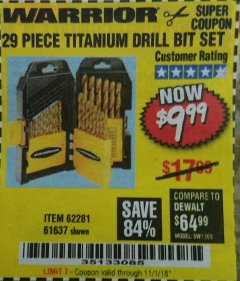 Harbor Freight Coupon 29 PIECE TITANIUM DRILL BIT SET Lot No. 5889/62281/61637 Expired: 11/1/18 - $9.99