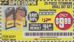 Harbor Freight Coupon 29 PIECE TITANIUM DRILL BIT SET Lot No. 5889/62281/61637 Expired: 7/3/19 - $9.99