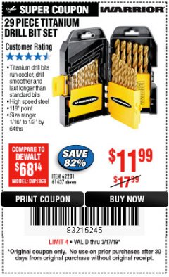 Harbor Freight Coupon 29 PIECE TITANIUM DRILL BIT SET Lot No. 5889/62281/61637 Expired: 3/17/19 - $11.99