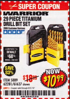 Harbor Freight Coupon 29 PIECE TITANIUM DRILL BIT SET Lot No. 5889/62281/61637 Expired: 8/31/19 - $10.99