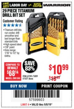 Harbor Freight Coupon 29 PIECE TITANIUM DRILL BIT SET Lot No. 5889/62281/61637 Expired: 9/8/19 - $10.99