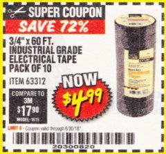 Harbor Freight Coupon STIKTEK 60 FT. X 3/4 IN. INDUSTRIAL GRADE ELECTRICAL TAPE, 10-PACK Lot No. 63312/64836 Expired: 6/30/18 - $4.99