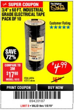Harbor Freight Coupon STIKTEK 60 FT. X 3/4 IN. INDUSTRIAL GRADE ELECTRICAL TAPE, 10-PACK Lot No. 63312/64836 Expired: 1/6/19 - $4.99