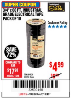 Harbor Freight Coupon 3/4" X 60 FT. INDUSTRIAL GRADE ELECTRICAL TAPE PACK OF 10 Lot No. 63312/64836 Expired: 2/11/19 - $4.99