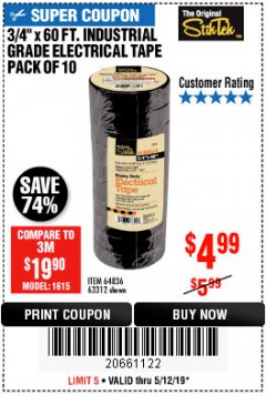 Harbor Freight Coupon STIKTEK 60 FT. X 3/4 IN. INDUSTRIAL GRADE ELECTRICAL TAPE, 10-PACK Lot No. 63312/64836 Expired: 5/12/19 - $4.99