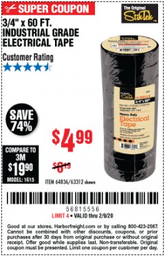 Harbor Freight Coupon 3/4" X 60 FT. INDUSTRIAL GRADE ELECTRICAL TAPE PACK OF 10 Lot No. 63312/64836 Expired: 2/9/20 - $4.99