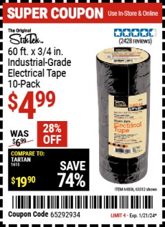 Harbor Freight Coupon 3/4" X 60 FT. INDUSTRIAL GRADE ELECTRICAL TAPE PACK OF 10 Lot No. 63312/64836 Expired: 1/21/24 - $4.99