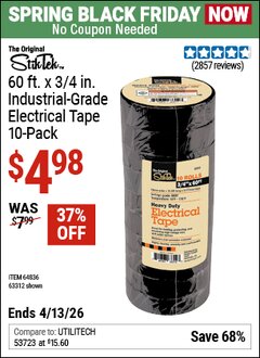 Harbor Freight Coupon STIKTEK 60 FT. X 3/4 IN. INDUSTRIAL-GRADE ELECTRICAL TAPE, 10-PACK Lot No. 63312/64836 Expired: 4/12/26 - $4.98