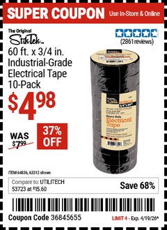 Harbor Freight Coupon STIKTEK 60 FT. X 3/4 IN. INDUSTRIAL-GRADE ELECTRICAL TAPE, 10-PACK Lot No. 63312/64836 Expired: 4/19/26 - $4.98