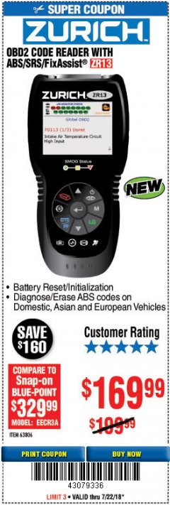 Harbor Freight Coupon ZURICH OBD2 SCANNER WITH ABS ZR13 Lot No. 63806 Expired: 7/22/18 - $169.99