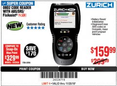 Harbor Freight Coupon ZURICH OBD2 SCANNER WITH ABS ZR13 Lot No. 63806 Expired: 11/25/18 - $159.99