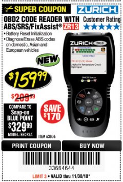 Harbor Freight Coupon ZURICH OBD2 SCANNER WITH ABS ZR13 Lot No. 63806 Expired: 11/30/18 - $159.99