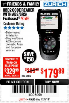 Harbor Freight Coupon ZURICH OBD2 SCANNER WITH ABS ZR13 Lot No. 63806 Expired: 12/9/18 - $179.99