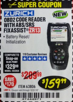 Harbor Freight Coupon ZURICH OBD2 SCANNER WITH ABS ZR13 Lot No. 63806 Expired: 12/31/18 - $159.99