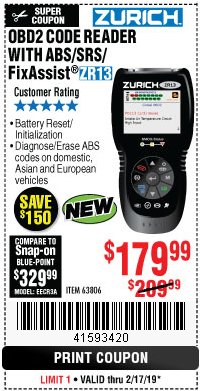 Harbor Freight Coupon ZURICH OBD2 SCANNER WITH ABS ZR13 Lot No. 63806 Expired: 2/17/19 - $179.99