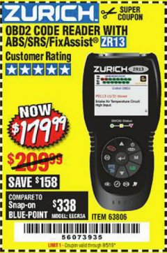 Harbor Freight Coupon ZURICH OBD2 SCANNER WITH ABS ZR13 Lot No. 63806 Expired: 6/5/19 - $179.99