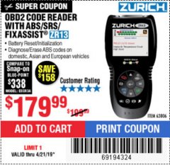 Harbor Freight Coupon ZURICH OBD2 SCANNER WITH ABS ZR13 Lot No. 63806 Expired: 4/21/19 - $179.99