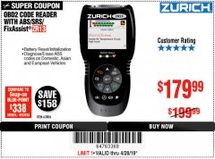 Harbor Freight Coupon ZURICH OBD2 SCANNER WITH ABS ZR13 Lot No. 63806 Expired: 4/28/19 - $179.99