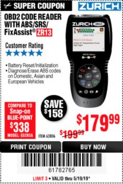 Harbor Freight Coupon ZURICH OBD2 SCANNER WITH ABS ZR13 Lot No. 63806 Expired: 5/19/19 - $179.99