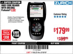 Harbor Freight Coupon ZURICH OBD2 SCANNER WITH ABS ZR13 Lot No. 63806 Expired: 5/19/19 - $179.99