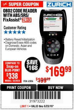 Harbor Freight Coupon ZURICH OBD2 SCANNER WITH ABS ZR13 Lot No. 63806 Expired: 6/23/19 - $169.99