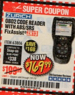 Harbor Freight Coupon ZURICH OBD2 SCANNER WITH ABS ZR13 Lot No. 63806 Expired: 7/31/19 - $169.99