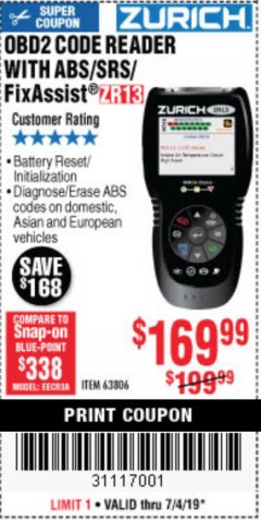 Harbor Freight Coupon ZURICH OBD2 SCANNER WITH ABS ZR13 Lot No. 63806 Expired: 7/4/19 - $169.99