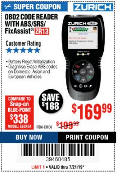 Harbor Freight Coupon ZURICH OBD2 SCANNER WITH ABS ZR13 Lot No. 63806 Expired: 7/21/19 - $169.99