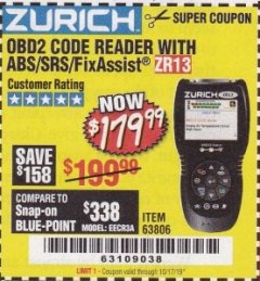 Harbor Freight Coupon ZURICH OBD2 SCANNER WITH ABS ZR13 Lot No. 63806 Expired: 10/17/19 - $179.99