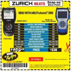 Harbor Freight Coupon ZURICH OBD2 SCANNER WITH ABS ZR13 Lot No. 63806 Expired: 8/31/19 - $169.99