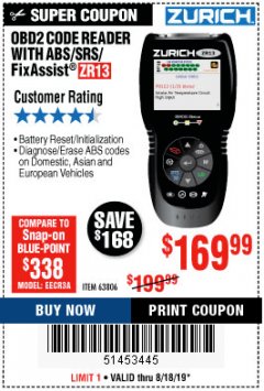 Harbor Freight Coupon ZURICH OBD2 SCANNER WITH ABS ZR13 Lot No. 63806 Expired: 8/18/19 - $169.99
