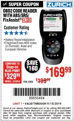 Harbor Freight Coupon ZURICH OBD2 SCANNER WITH ABS ZR13 Lot No. 63806 Expired: 9/15/19 - $169.99