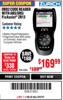 Harbor Freight Coupon ZURICH OBD2 SCANNER WITH ABS ZR13 Lot No. 63806 Expired: 9/9/19 - $169.99