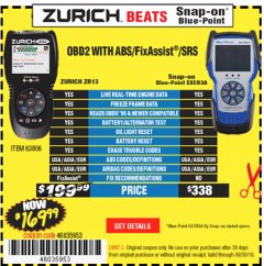 Harbor Freight Coupon ZURICH OBD2 SCANNER WITH ABS ZR13 Lot No. 63806 Expired: 9/30/19 - $169.99