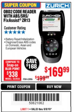 Harbor Freight Coupon ZURICH OBD2 SCANNER WITH ABS ZR13 Lot No. 63806 Expired: 6/9/19 - $169.99