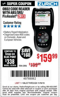 Harbor Freight Coupon ZURICH OBD2 SCANNER WITH ABS ZR13 Lot No. 63806 Expired: 11/18/19 - $159.99