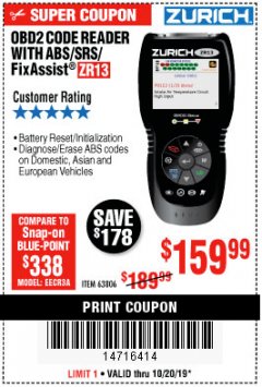 Harbor Freight Coupon ZURICH OBD2 SCANNER WITH ABS ZR13 Lot No. 63806 Expired: 10/20/19 - $159.99