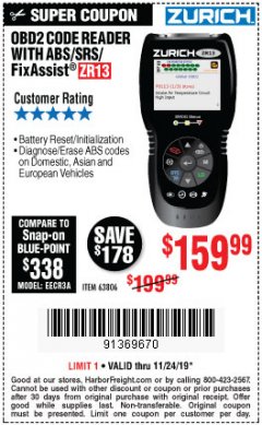 Harbor Freight Coupon ZURICH OBD2 SCANNER WITH ABS ZR13 Lot No. 63806 Expired: 11/24/19 - $159.99