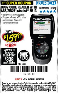 Harbor Freight Coupon ZURICH OBD2 SCANNER WITH ABS ZR13 Lot No. 63806 Expired: 11/30/19 - $159.99