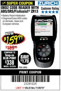 Harbor Freight Coupon ZURICH OBD2 SCANNER WITH ABS ZR13 Lot No. 63806 Expired: 11/30/19 - $159.99
