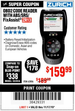 Harbor Freight Coupon ZURICH OBD2 SCANNER WITH ABS ZR13 Lot No. 63806 Expired: 11/17/19 - $159.99