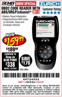 Harbor Freight Coupon ZURICH OBD2 SCANNER WITH ABS ZR13 Lot No. 63806 Expired: 11/24/19 - $159.99