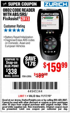 Harbor Freight Coupon ZURICH OBD2 SCANNER WITH ABS ZR13 Lot No. 63806 Expired: 11/17/19 - $159.99