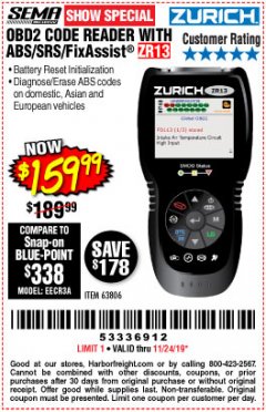 Harbor Freight Coupon ZURICH OBD2 SCANNER WITH ABS ZR13 Lot No. 63806 Expired: 11/24/19 - $159.99