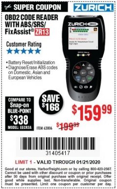 Harbor Freight Coupon ZURICH OBD2 SCANNER WITH ABS ZR13 Lot No. 63806 Expired: 1/21/20 - $159.99