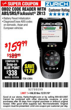 Harbor Freight Coupon ZURICH OBD2 SCANNER WITH ABS ZR13 Lot No. 63806 Expired: 12/31/19 - $159.99