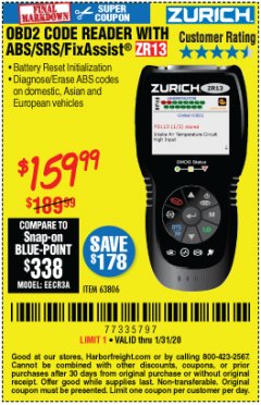 Harbor Freight Coupon ZURICH OBD2 SCANNER WITH ABS ZR13 Lot No. 63806 Expired: 1/31/20 - $159.99